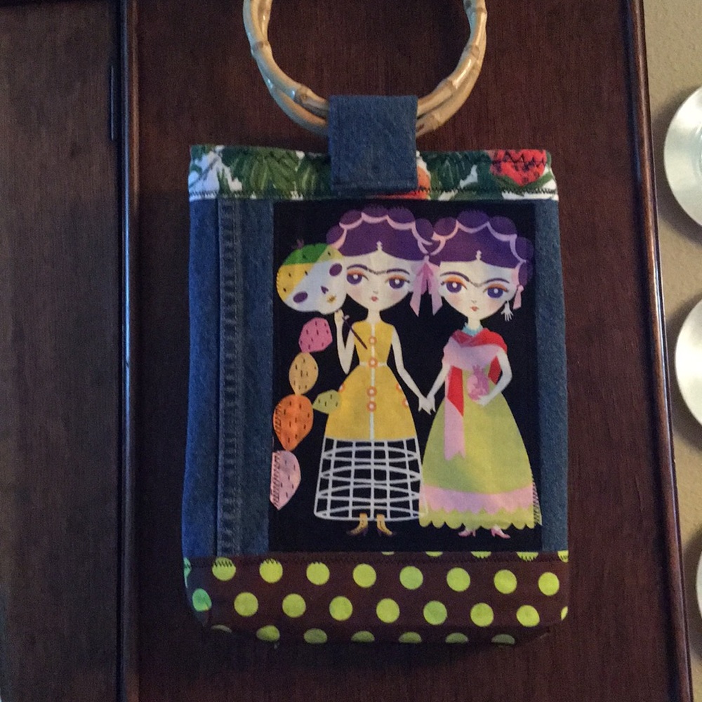 Freida Kahlo Upcycled Denim bamboo handles purse